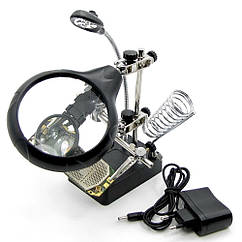 YUF Держатель плат и паяльника MG16129-C с LED-подсветкой и набором луп (d=85 мм, 2x; d=32 мм, 3.5х; d=32 мм, 5x)