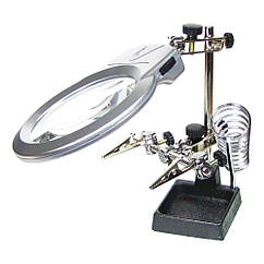 YUF Держатель плат и паяльника MG16129-A с LED-подсветкой и двойной лупой (большая лупа d=90 мм, 2x; малая лупа d=21, 6x)