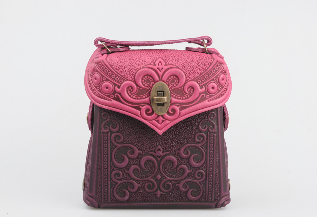 Шкіряний рожево-фіолетовий рюкзак ручної роботи, сумка-рюкзак з авторським тисненням
