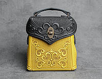 Кожаный черно-желтый рюкзак ручной работы, сумочка-рюкзак с авторским тиснением, стиль бохо