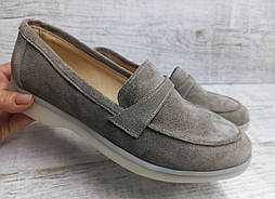 Жіночі сірі лофери туфлі сліпони замшеві на низькому ходу