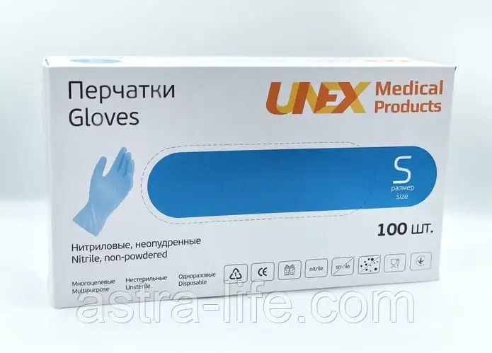 Рукавички нітрилові оглядові нестерильні неприпудрені Unex Medical Products блакитні (50 пар) розмір S,M