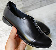 Женские натуральные кожаные черные лоферы туфли слипоны на низком ходу