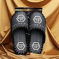 Чоловічі тапочки домашні войлочні тапки із закритим носком капці ручної роботи, домашні капці «PHILIPP PLEIN» (Філіп Плейн) чорні