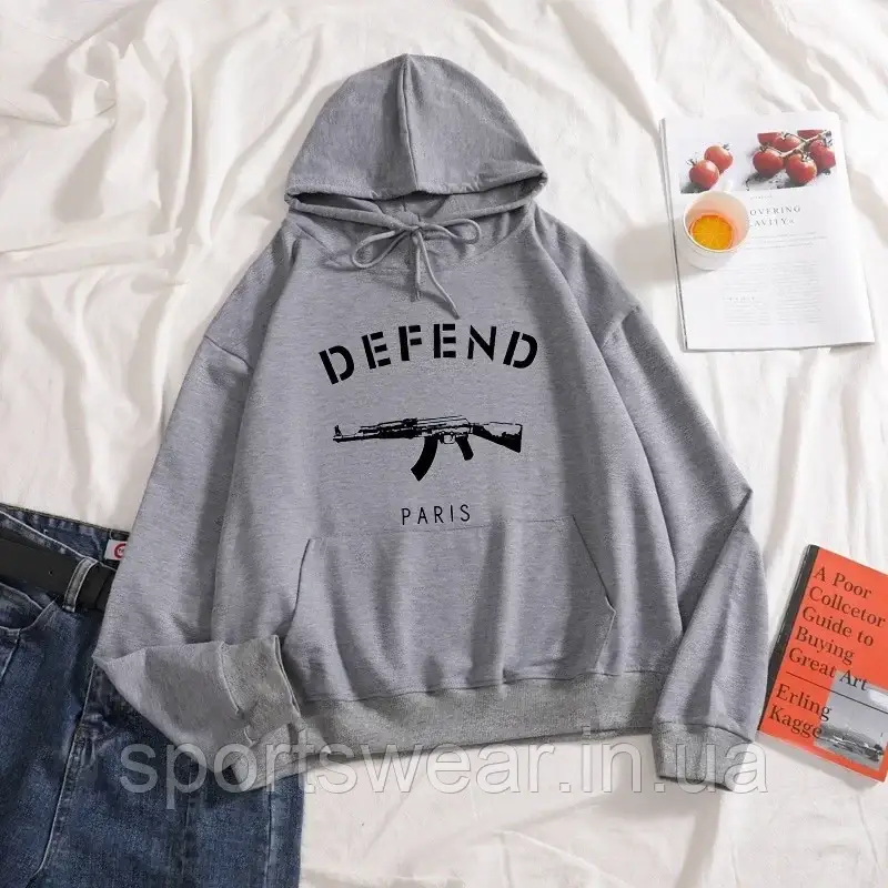 Худі Defend, Толстовка Дефенд чоловіча з капюшоном сіра, Кофта Дефенд з кишенею кенгуру трикотажна, Коттон