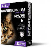 Капли Unicum Complex (Уникум Комплекс) от гельминтов, блох и клещей для котов 4-8 кг (упаковка 4 пипетки)