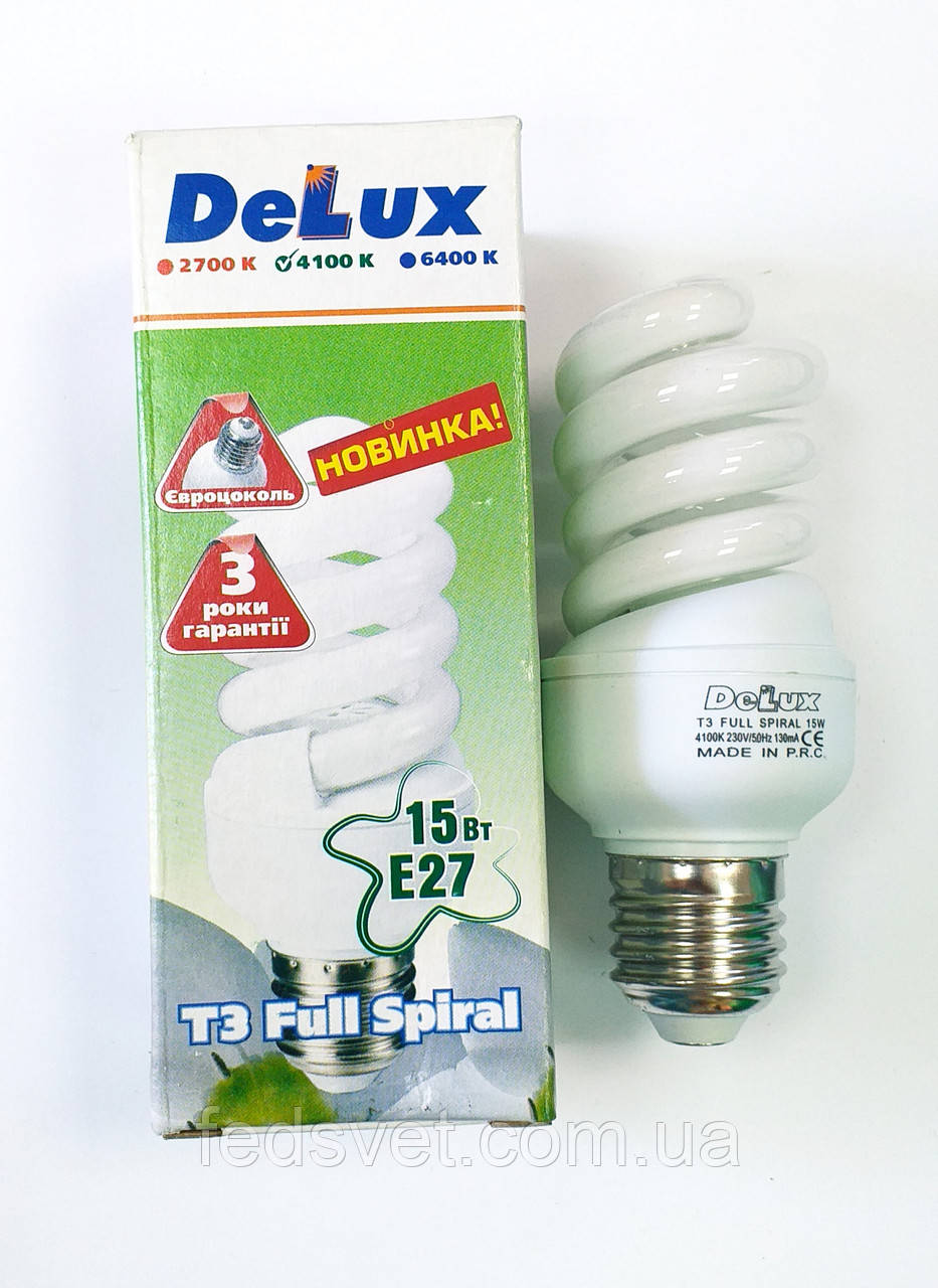 Лампа енергозберігаюча DELUX T3 Full spiral 15W E27 4100К, фото 1
