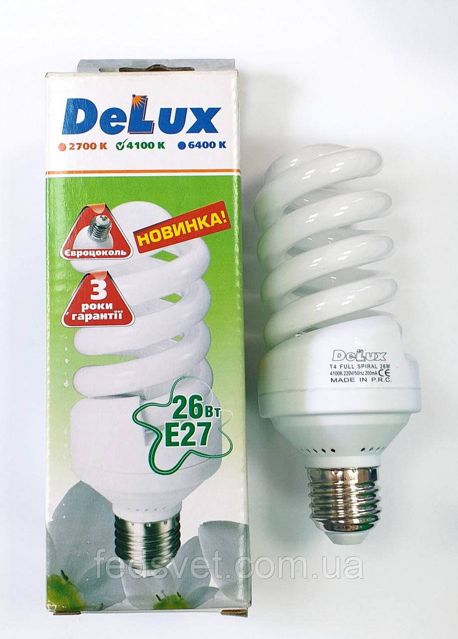Лампа енергозберігаюча DELUX T4 Full spiral 26W 4100К E27