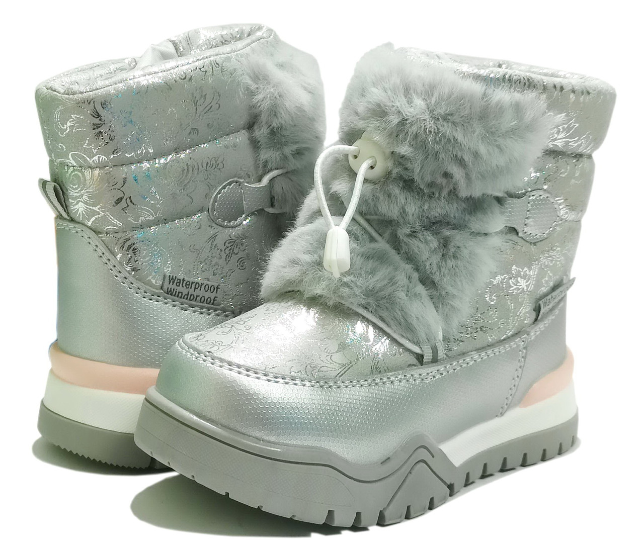Дитячі зимові черевики для дівчинки на овчині ТОМ М 7676Н срібні. розміри 26