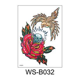 Флеш Тату. 21*15 См. Перевідна. Тимчасова. Птахи, Троянда, Діаманти, Алмази, Квіти, Wsb-032 (S), Кольорові