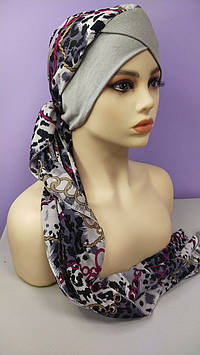 Чалма річна 54-60 рр батист на трикотажній пов'язці сіра "Вуалька" натуральна тканина