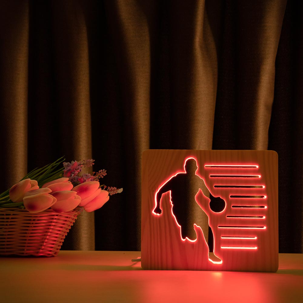 Світильник нічник із дерева ArtEcoLight #30/2 LED "Баскетболіст із м'ячем" з пультом і регулюванням, RGB