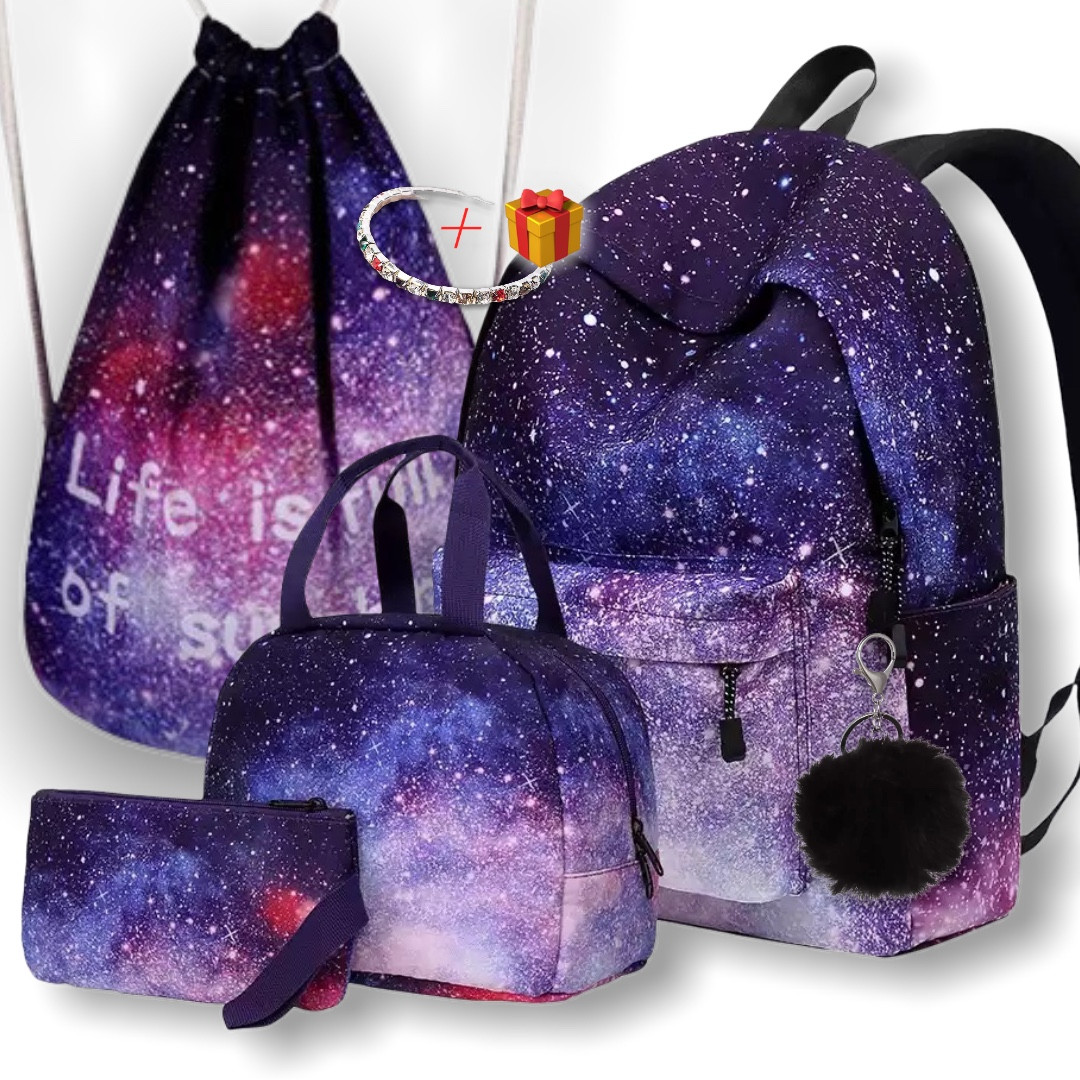 Рюкзак шкільний 5в1 з принтом Космос галактика з Пеналом, чорним помпоном, Сумка для взуття і для продуктів
