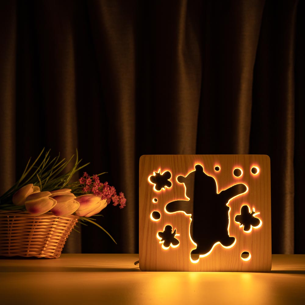 Світильник нічник із дерева ArtEcoLight #16/1 LED "Веселий ведмежатко" з пультом і регулюванням, теплий білий, фото 1