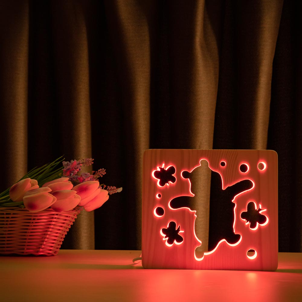 Світильник нічник із дерева ArtEcoLight # 16/2 LED "Веселий ведмежатко" з пультом і регулюванням, RGB