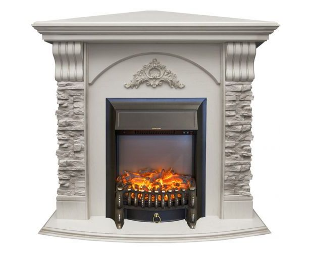 Кутовий каминокомплект Fireplace Кіпр Білий дуб ефект мерехтливих дров зі звуком і обігрівом