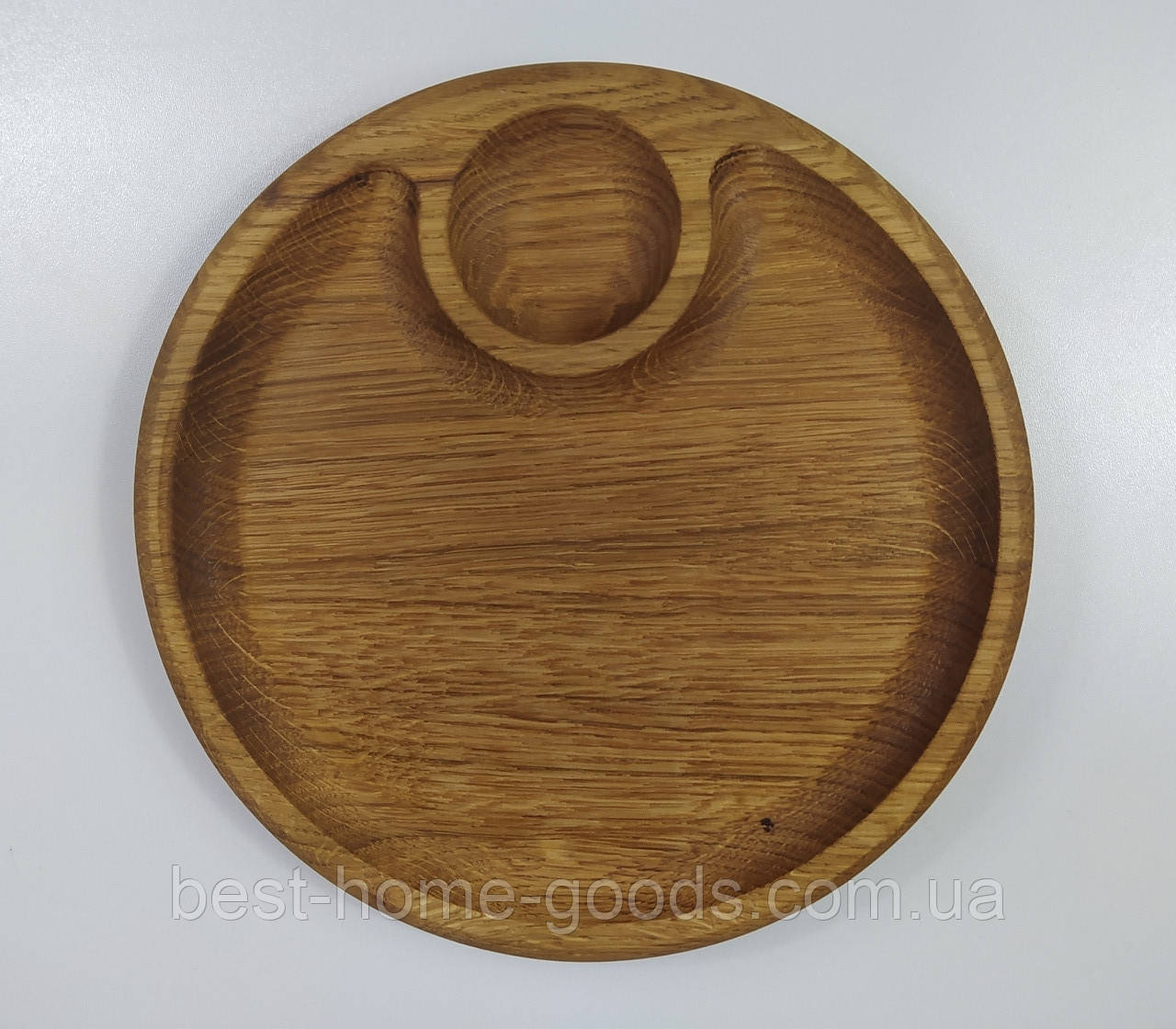 Дерев’яна кругла менажниця з дуба на 2 секції, діаметр 25 см — стильна тарілка для подачі страв, фото 1