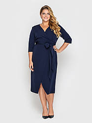 Жіноча сукня міді з імітацією запаху батал великі розміри темно-синє