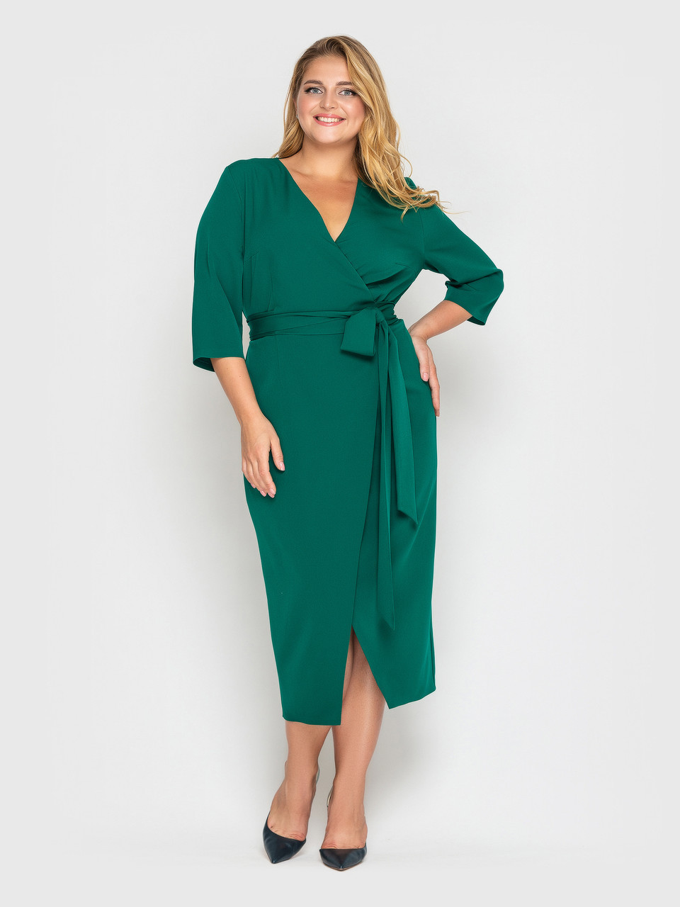 Жіноча сукня батал великі розміри 48–62 з запахом міді зелена