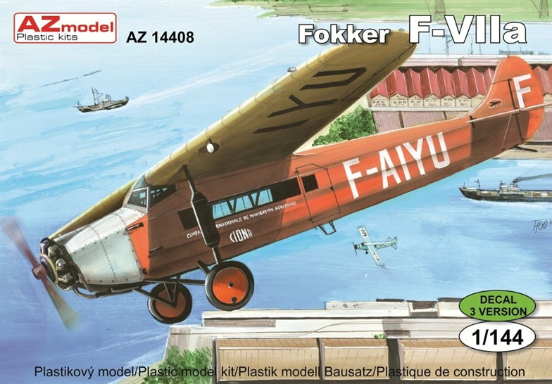 Пластикова модель 1/144 AZ model 14408 пасажирський літак Fokker F.VIIa Civil (3x decal versions)