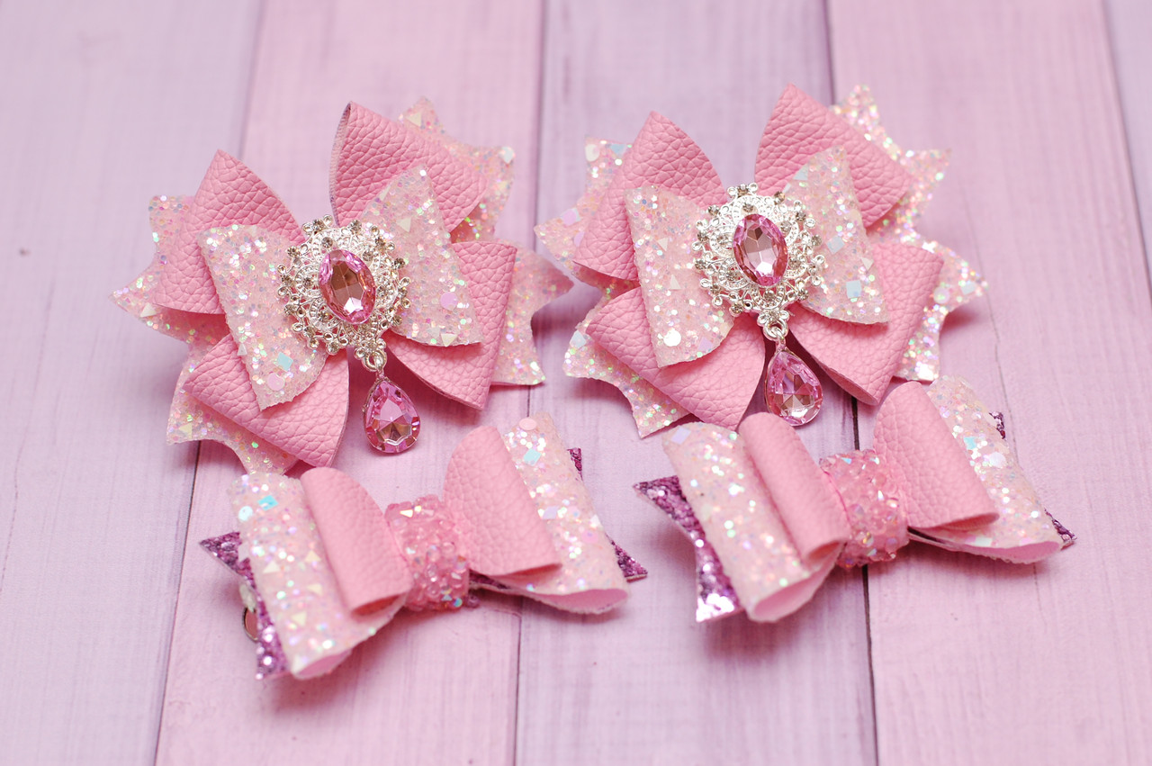 Бантики для волосся рожеві з екокожі з брошкою в школу набір 4 шт, фото 1