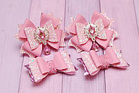 Бантики для волос розовые из экокожи с брошью в школу набор 4 шт