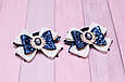 Бантики для волосся Біло-сині з екокожі з брошкою в школу / прикраса для дівчинки набір 4 шт, фото 2