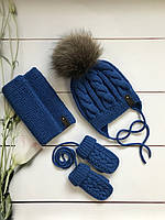 Зимний тёплый вязаный набор шапка на завязках с натуральным меховым бубоном вязаный снуд хомут шарф ручной раб