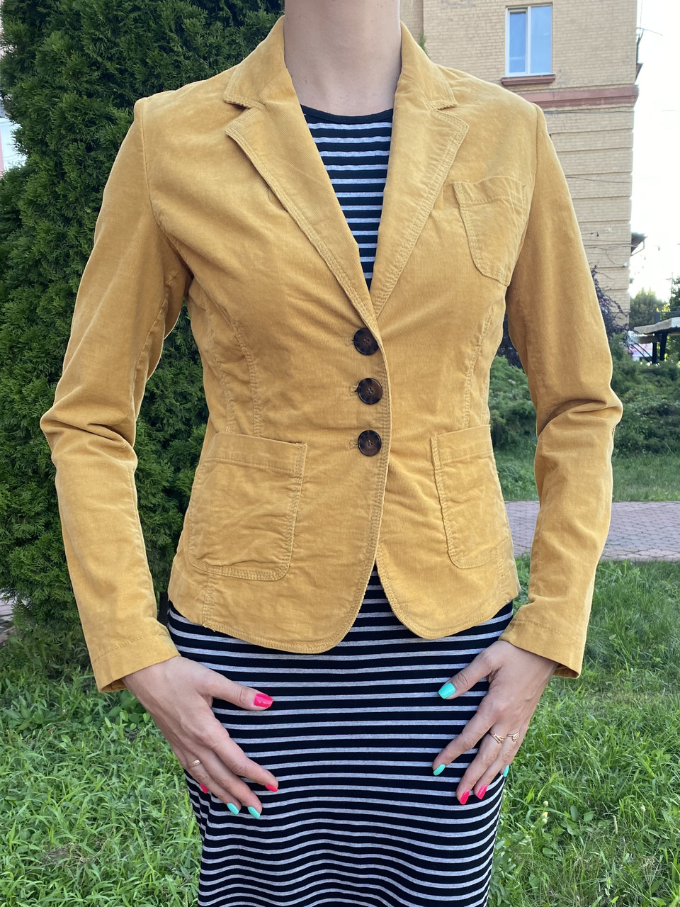 Піджак жіночий приталений мікровельвет стрейч Гірчиця, фото 1