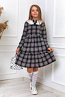 Дитяче плаття шкільне з довгим рукавом Черный мелкая клетка