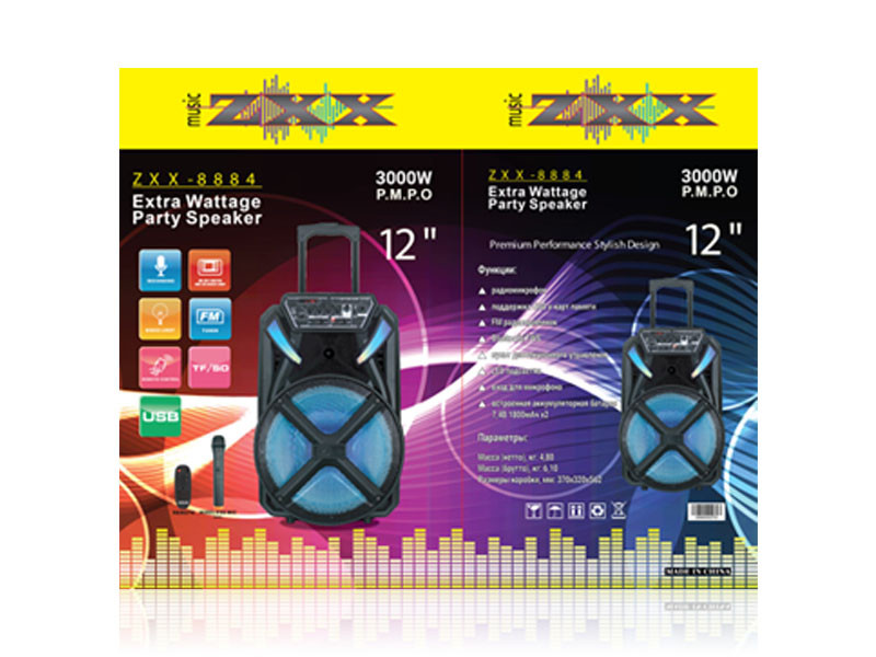 Акустична переносна колонка ZXX-8884 30Вт 12" 33х53х27см USB/SD/FM/BT/MIC/ДК 1шт 9451