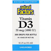 Natural Factors, Витамин D3 в каплях, без ароматизаторов, 25 мкг (1000 МЕ), 15 мл