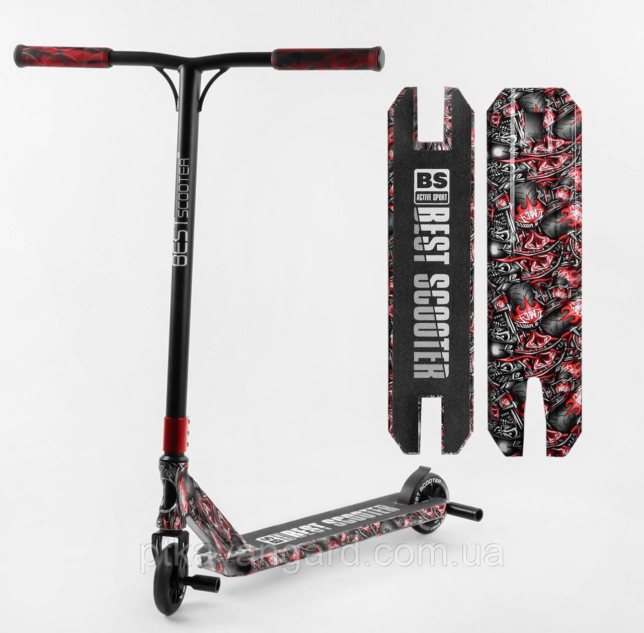 Трюковий самокат з принтом Best Scooter Чорно-червоний колеса 110 мм пеги HIC-система анодований, фото 1