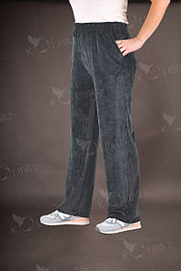 Велюрові жіночі широкі сірого кольору штани з високою талією розміри від 50 до 58