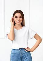 Летняя женская белая блузка-футболка свободная с короткими широкими рукавами "Moment"