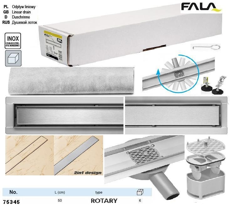Трап для душу підлоговий ROTARY нержавійка 50 см поворотний сифон FALA-75345