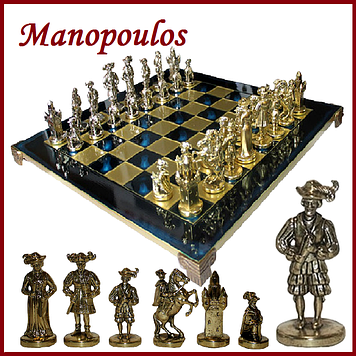 Шахи історичні в подарунок Manopoulos Мушкетери латунь дерев'яний футляр Синій 44х44 см