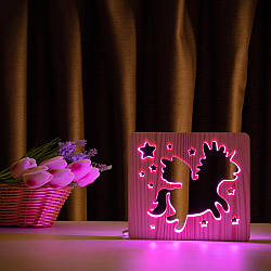 Світильник нічник із дерева ArtEcoLight LED "Чарівний єдиноріг" з пультом і регулюванням світла, RGB