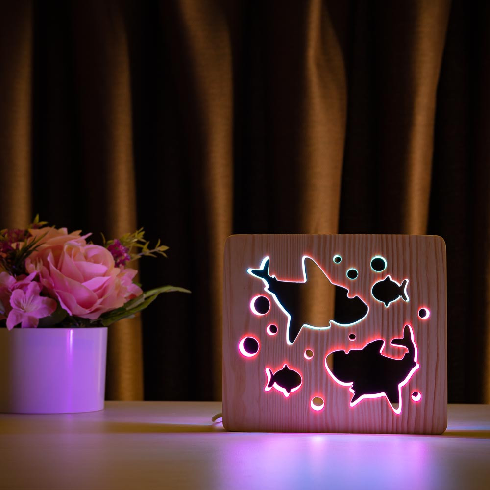 Світильник нічник із дерева ArtEcoLight LED "Дві акули та рибки" з пультом і регулюванням світла, подвійним RGB, фото 1