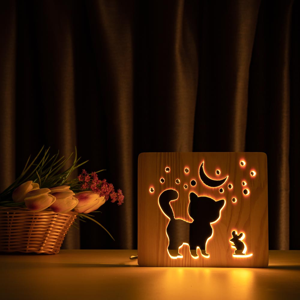 Світильник нічник із дерева ArtEcoLight # 1/1 LED "Кіт і мишка" з пультом і регулюванням світла, теплий білий