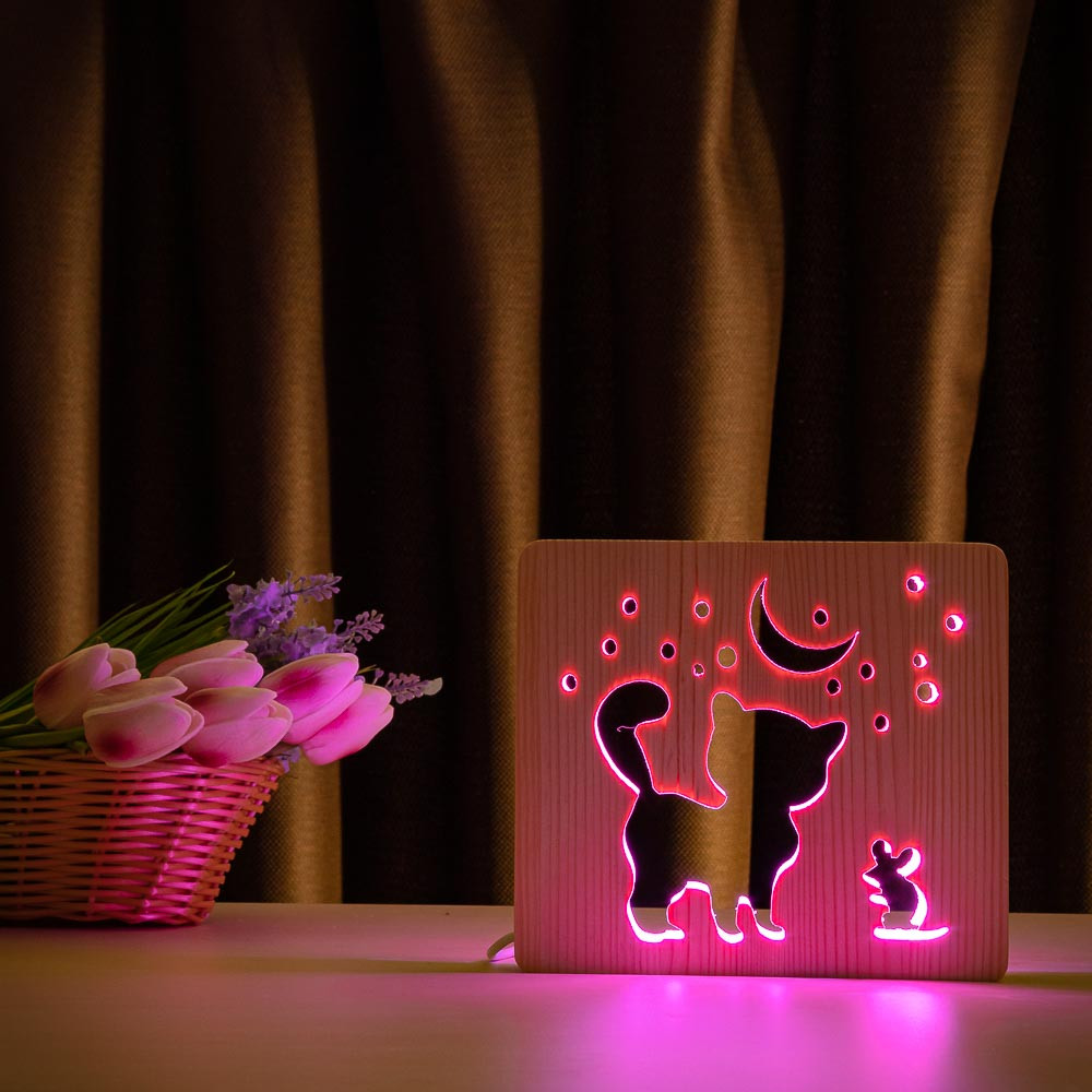 Світильник нічник із дерева ArtEcoLight # 1/2 LED "Кіт і мишка" з пультом і регулюванням світла, RGB