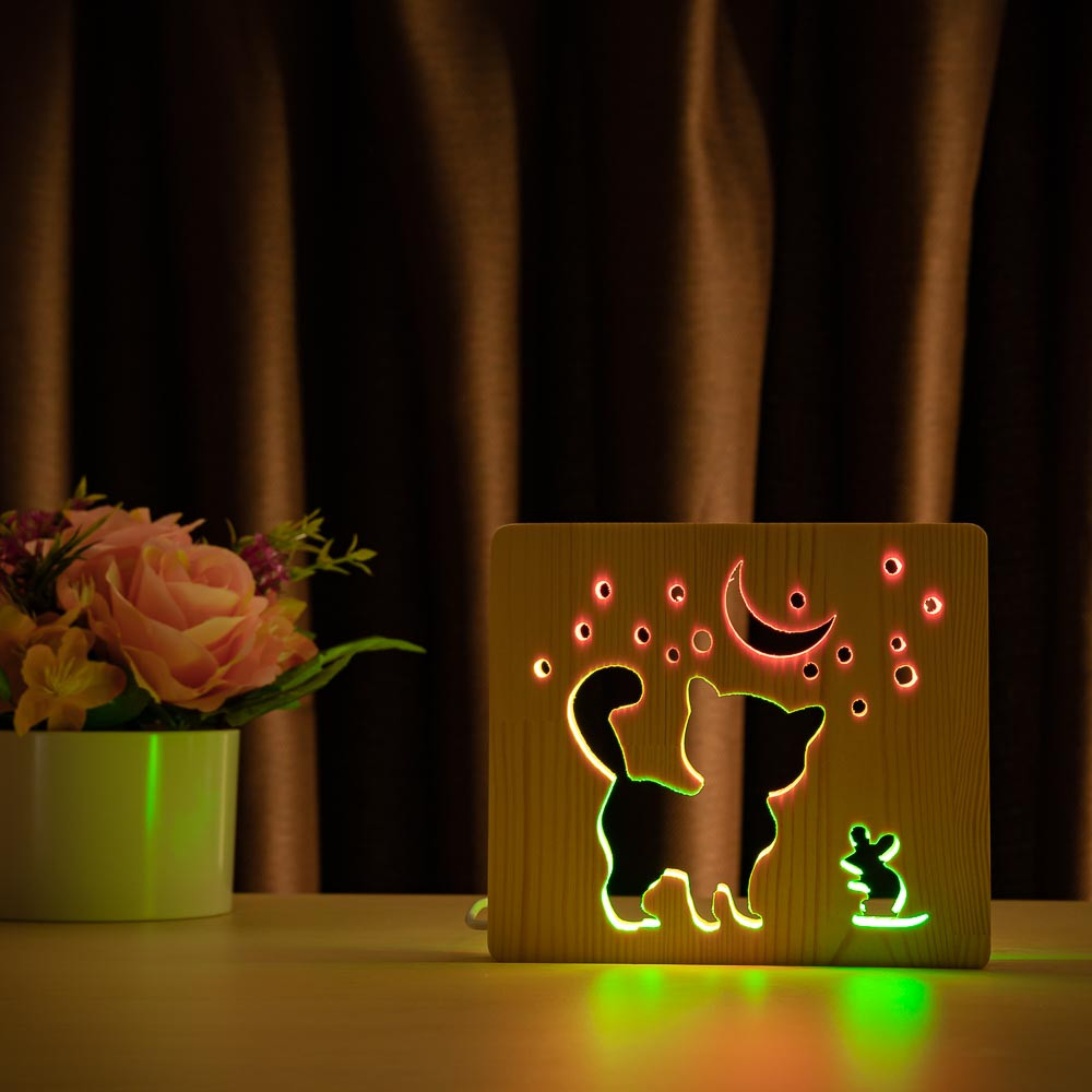 Світильник нічник із дерева ArtEcoLight # 1/3 LED "Кіт і мишка" з пультом і регулюванням світла, подвійним RGB