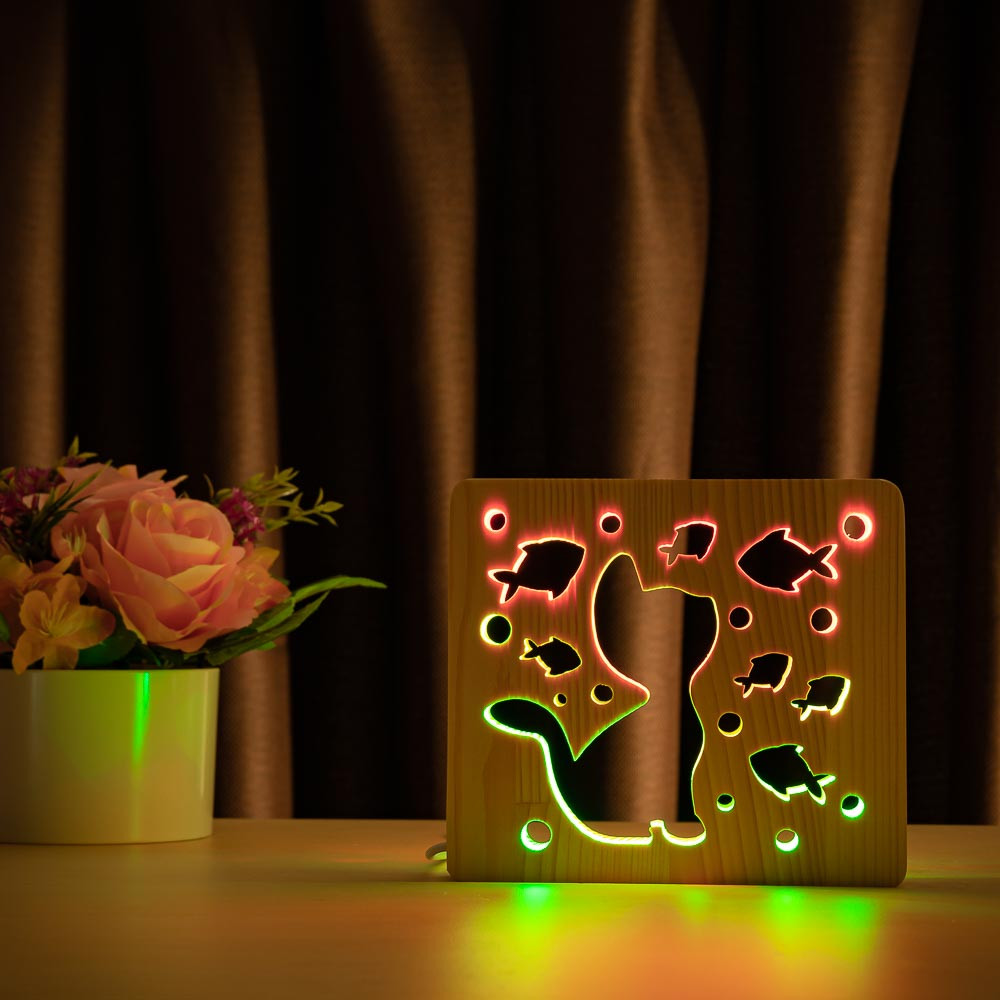 Світильник нічник із дерева ArtEcoLight # 2/3 LED "Кіт і рибки" з пультом і регулюванням світла, подвійним RGB