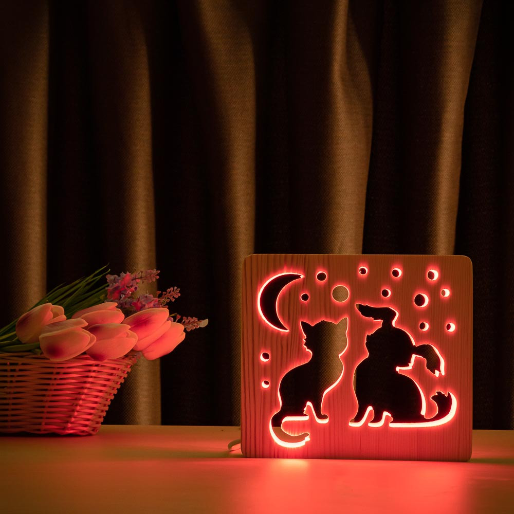 Світильник нічник із дерева ArtEcoLight # 3/2 LED "Кіт і собачка" з пультом і регулюванням світла, RGB