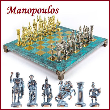 Красиві шахи воїни Manopoulos Греко-римські латунь дерев'яний футляр Бірюзовий 44х44 см