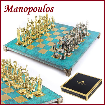 Шахи подарункові імперські Manopoulos Грецька міфологія латунь 54х54 см Бірюзовий