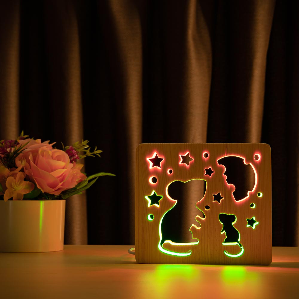 Світильник нічник із дерева ArtEcoLight # 5/3 LED "Мишки та сир" з пультом і регулюванням світла, подвійним RGB