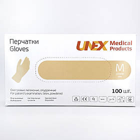 Рукавички латексні, опудренниє Unex розмір M (бежевий, упаковка 100 штук)