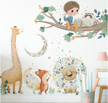 Наклейка на стіну, в дитячий сад, на вітрину "Хлопчик грає для звірів в лісі" 88см*77см (лист 60*90см), фото 2