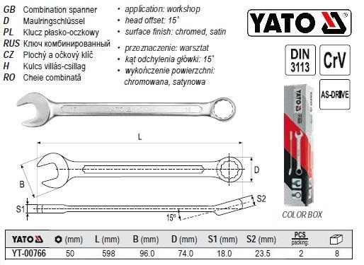 Ключ комбінований комбінований М=50 мм, l=598 мм YATO-00766